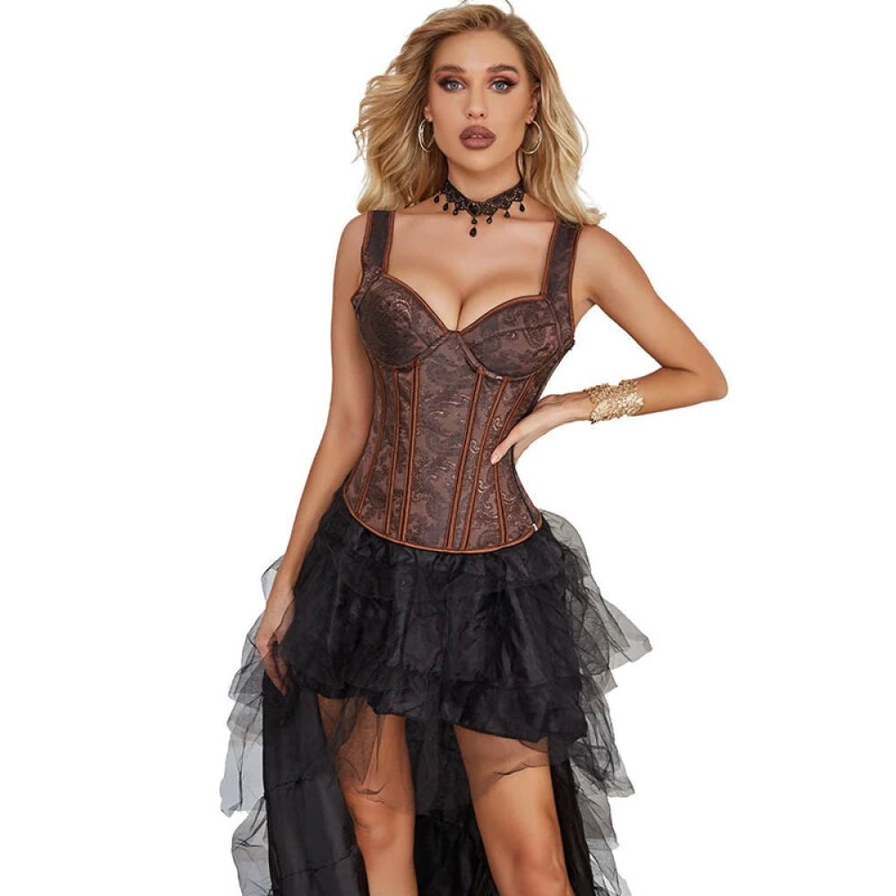 Steampunk Jacquard Lace-Up Shoulder Strap Corset Padded Bustier With Zip - S 7