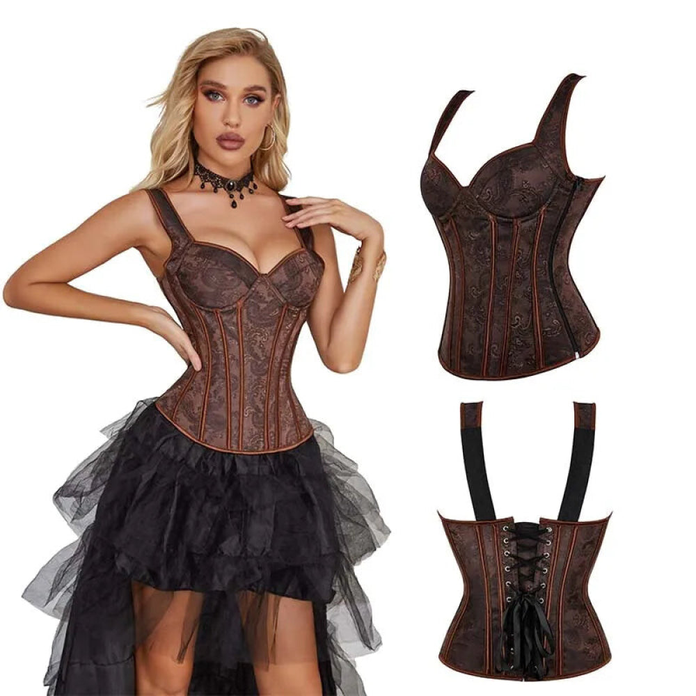 Steampunk Jacquard Lace-Up Shoulder Strap Corset Padded Bustier With Zip - L