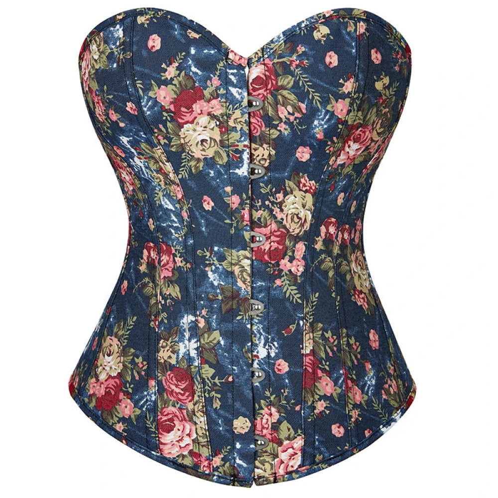 Vintage Floral Denim Corset Plus Size S-Xxl Lace Up Boned Overbust Fashionable - Blue - Xxl