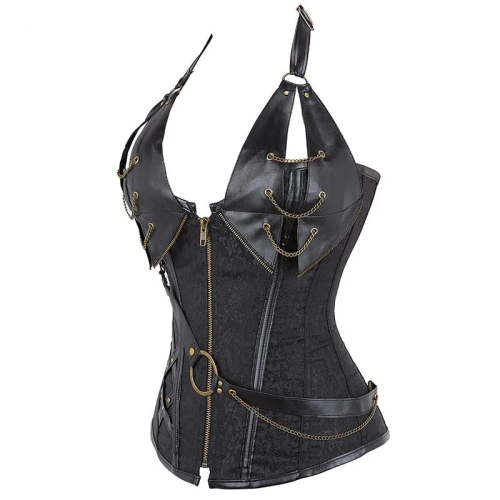 Deep V Halter Chest Binder Bustier Black Brown Steampunk Gothic Corset Plus Size With Zip - Brown - Xxl