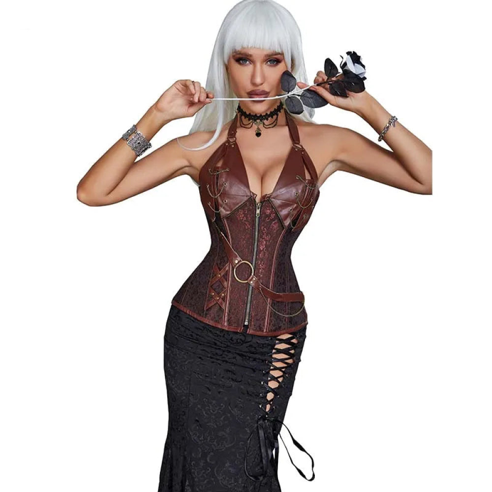 Deep V Halter Chest Binder Bustier Black Brown Steampunk Gothic Corset Plus Size With Zip - Brown - Xxl 8