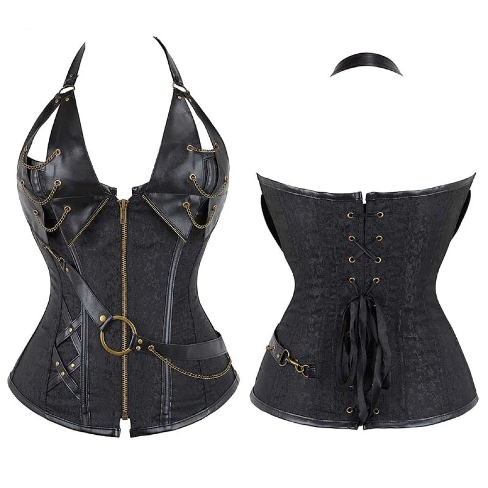 Deep V Halter Chest Binder Bustier Black Brown Steampunk Gothic Corset Plus Size With Zip - Black - 6Xl