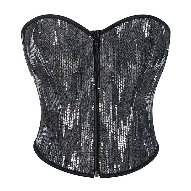 Plus Size Silver Sequin Crop Top With Lace Detail 14 Fishbones Support S-Xxxl - M