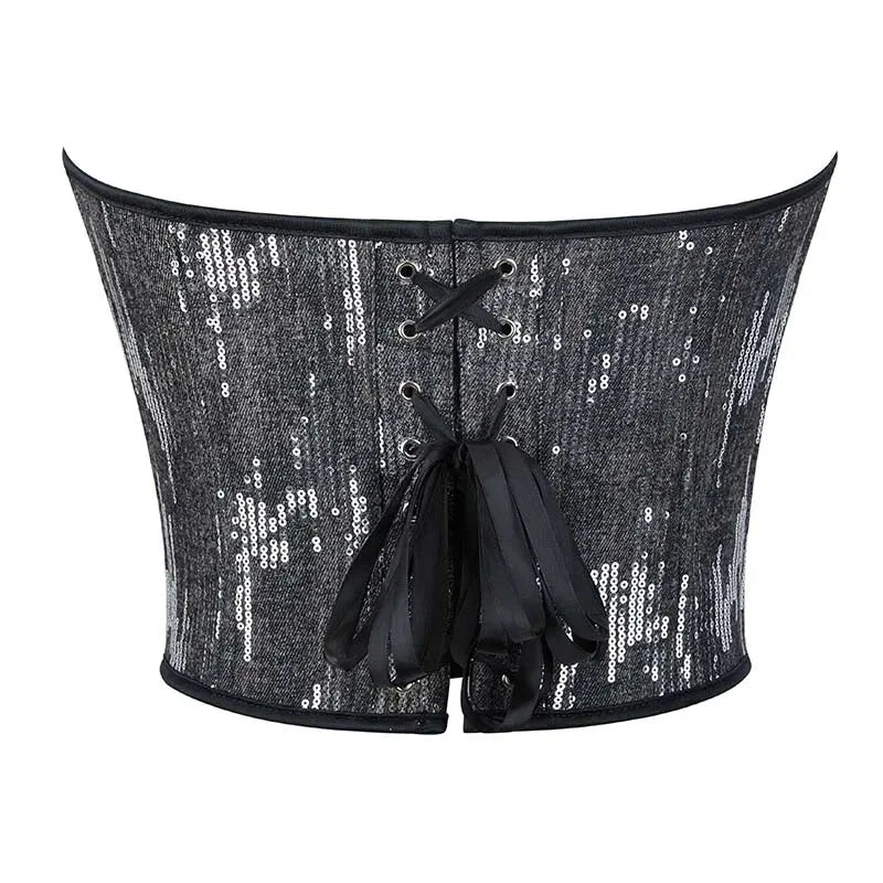 Plus Size Silver Sequin Crop Top With Lace Detail 14 Fishbones Support S-Xxxl - Xl