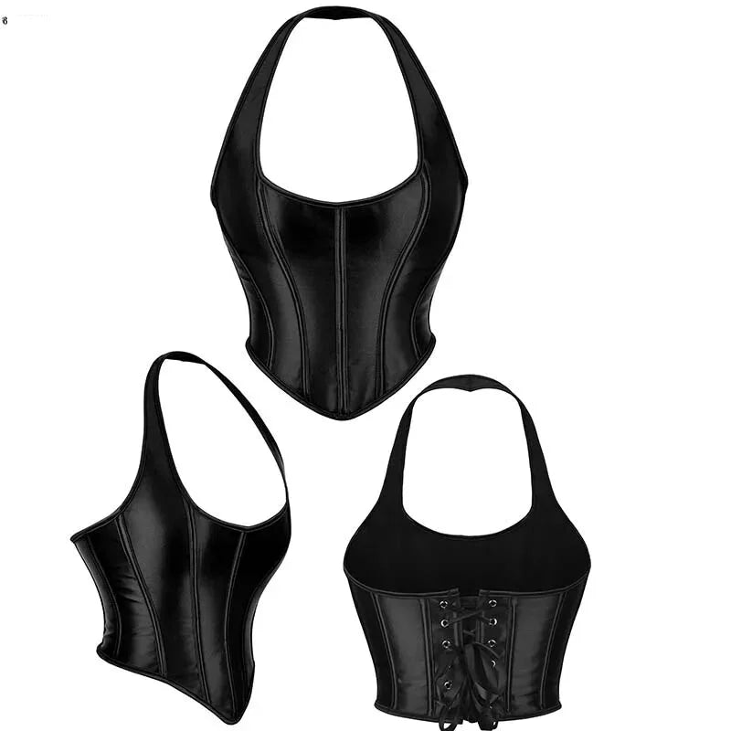 Black Satin Lace-Up Gothic Corset Plus Size Sleeveless Vest With Boning And Shaping For Retro Women - 5Xl