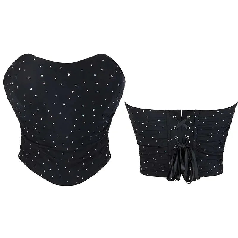 Vintage Lace-Up Gothic Corset Top With Boning And Mesh Back Sparkling Rhinestone Sequins And Bustier Design - L