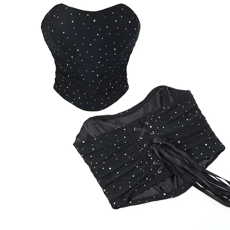 Vintage Lace-Up Gothic Corset Top With Boning And Mesh Back Sparkling Rhinestone Sequins And Bustier Design - Xl