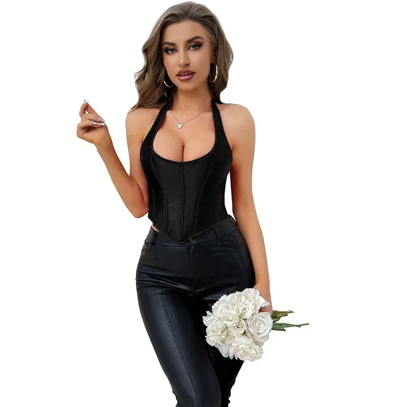 Black Gothic Corset Top Plus Size Slimming Bustier With Halter-Strap And Satin Material - 6Xl