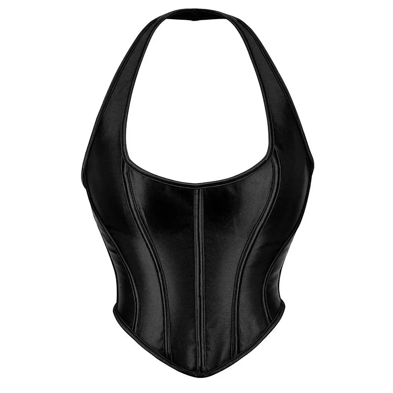 Black Gothic Corset Top Plus Size Slimming Bustier With Halter-Strap And Satin Material - Xxxl 5