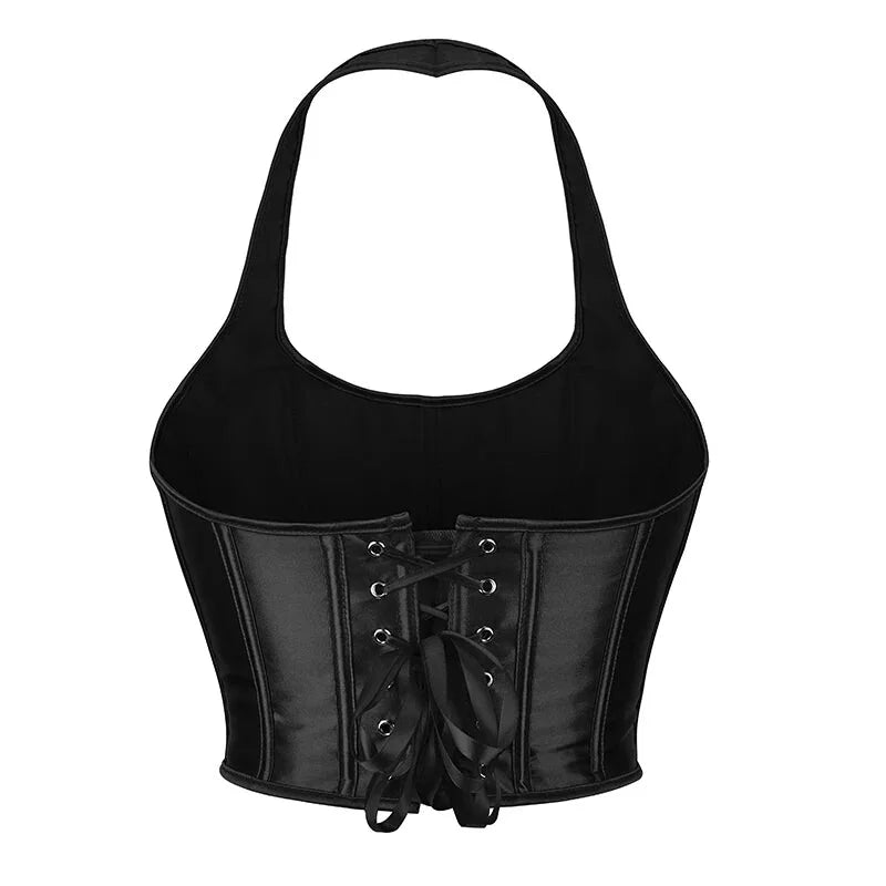 Black Gothic Corset Top Plus Size Slimming Bustier With Halter-Strap And Satin Material - Xxxl 8
