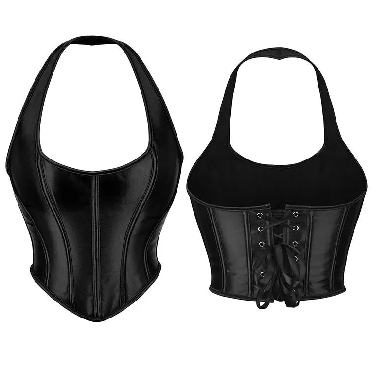 Black Gothic Corset Top Plus Size Slimming Bustier With Halter-Strap And Satin Material - M