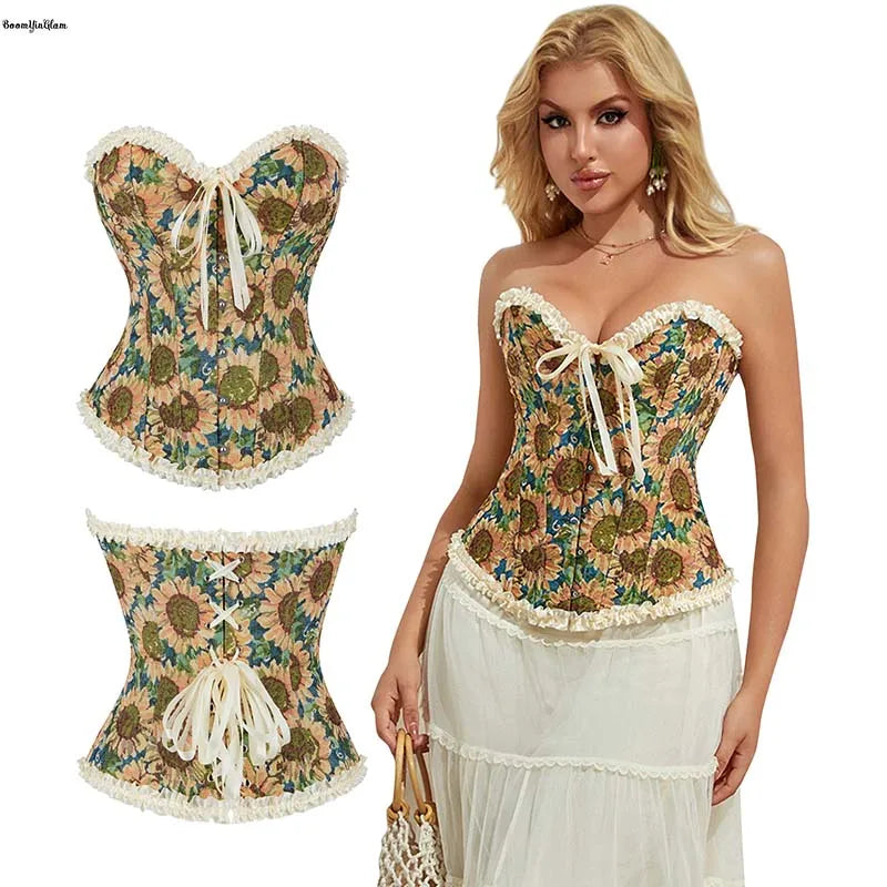 Sunflower Print Lace Trim Bustier Corset Front Busk Closure Back Lace Boned Ruffled Vintage Style Plus Size Xs-Xxl - L