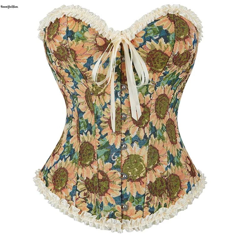 Sunflower Print Lace Trim Bustier Corset Front Busk Closure Back Lace Boned Ruffled Vintage Style Plus Size Xs-Xxl - M