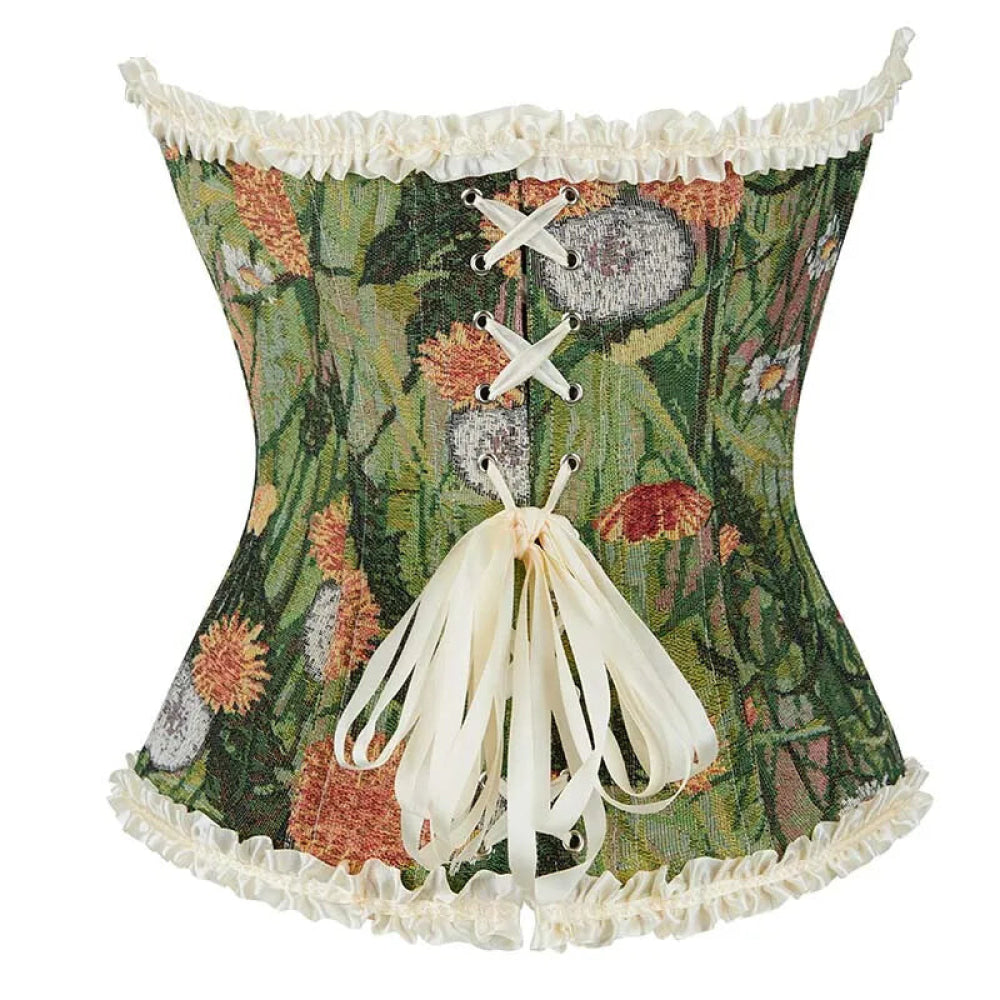 Green Floral Print Boned Corset Front Busk Closure Bowknot Bandage Victorian Style - S 7