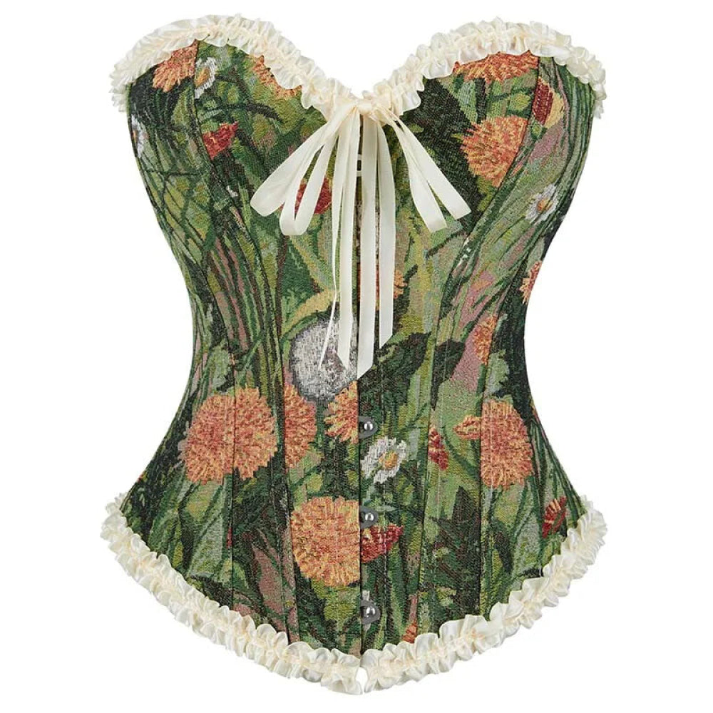 Green Floral Print Boned Corset Front Busk Closure Bowknot Bandage Victorian Style - S 8