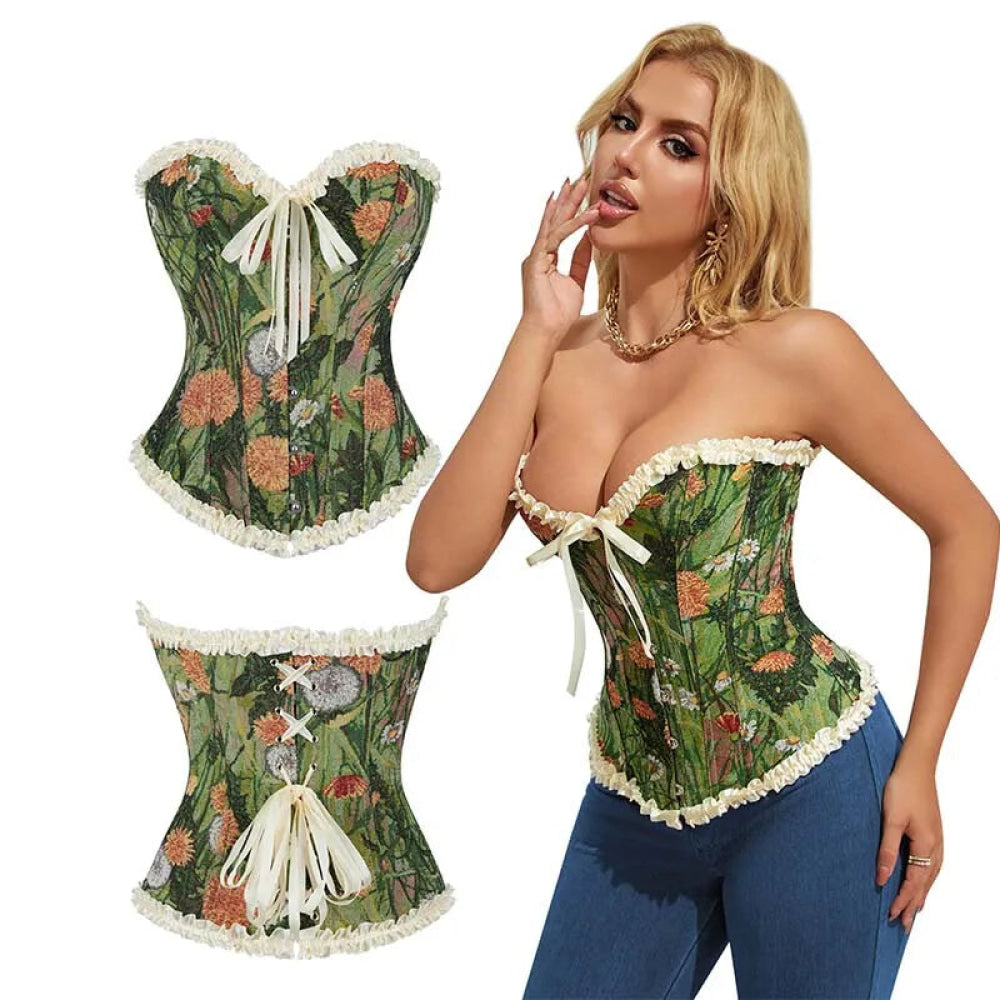Green Floral Print Boned Corset Front Busk Closure Bowknot Bandage Victorian Style - M