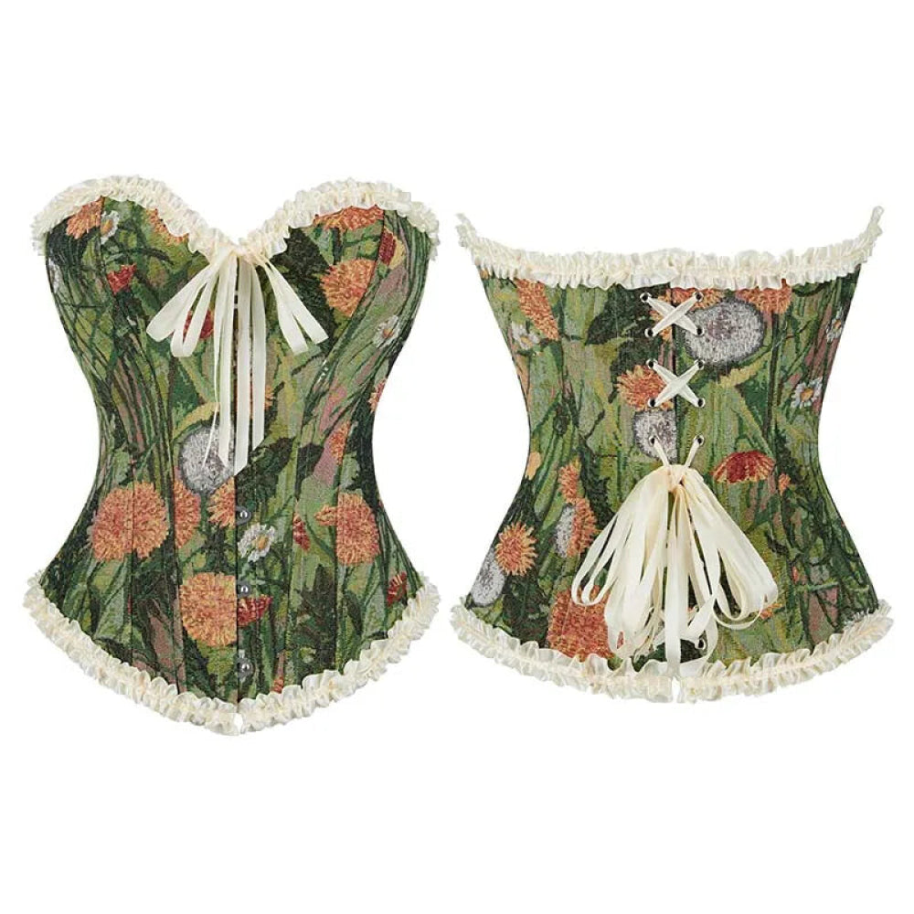 Green Floral Print Boned Corset Front Busk Closure Bowknot Bandage Victorian Style - Xxl