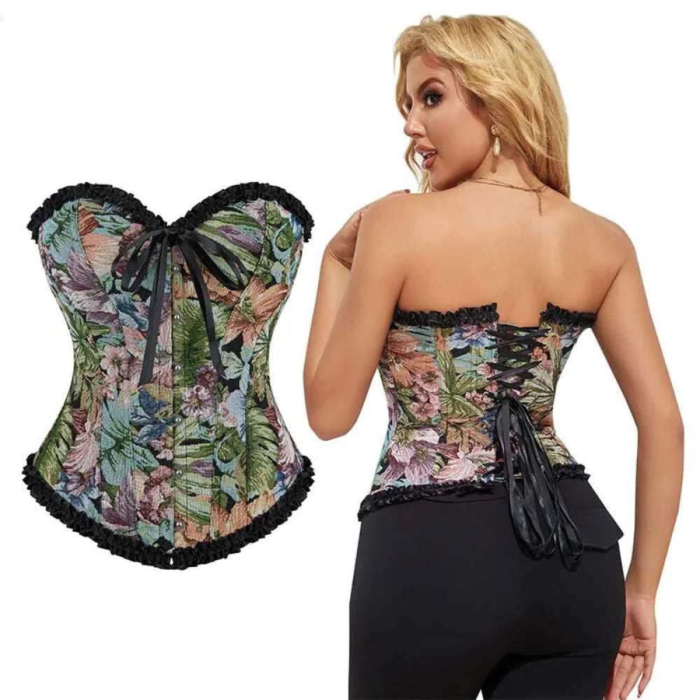 Floral Print Lace Trimmer Boned Strapless Corset Gothic Vintage Style - Xxl