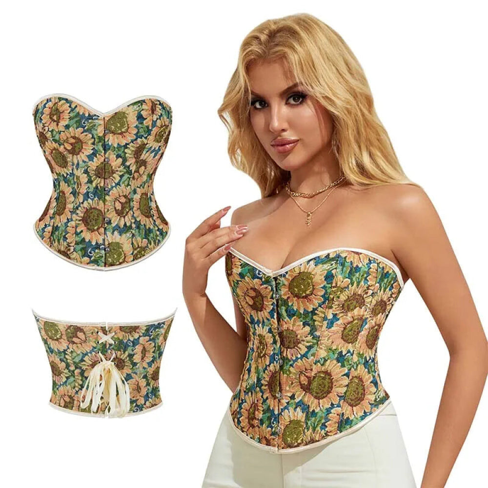 Floral Sunflower Lace Bustier Plus Size Xs-Xxl Front Busk Lace Up Boned Strapless Seamless Corset - Xs 6