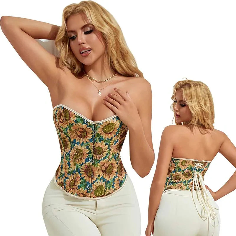 Floral Sunflower Lace Bustier Plus Size Xs-Xxl Front Busk Lace Up Boned Strapless Seamless Corset - M