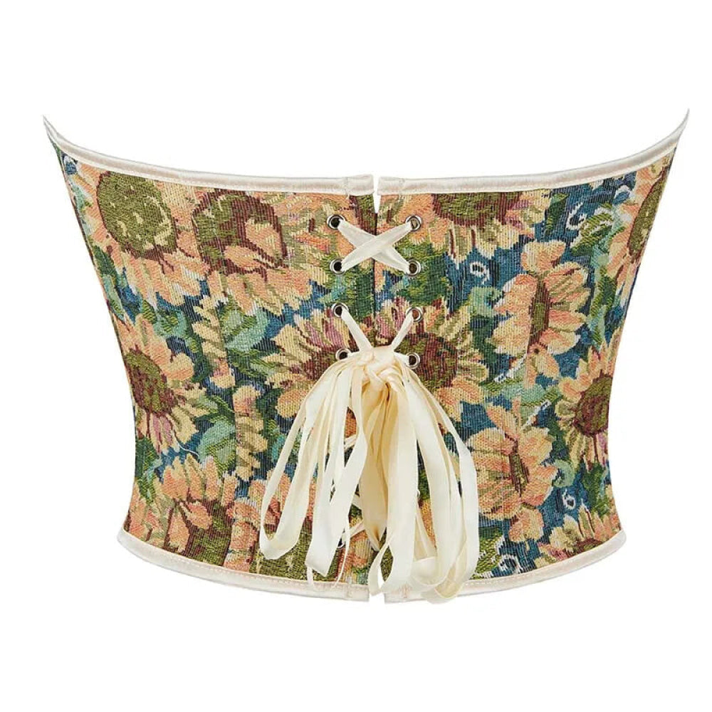Floral Sunflower Lace Bustier Plus Size Xs-Xxl Front Busk Lace Up Boned Strapless Seamless Corset - Xxl 6