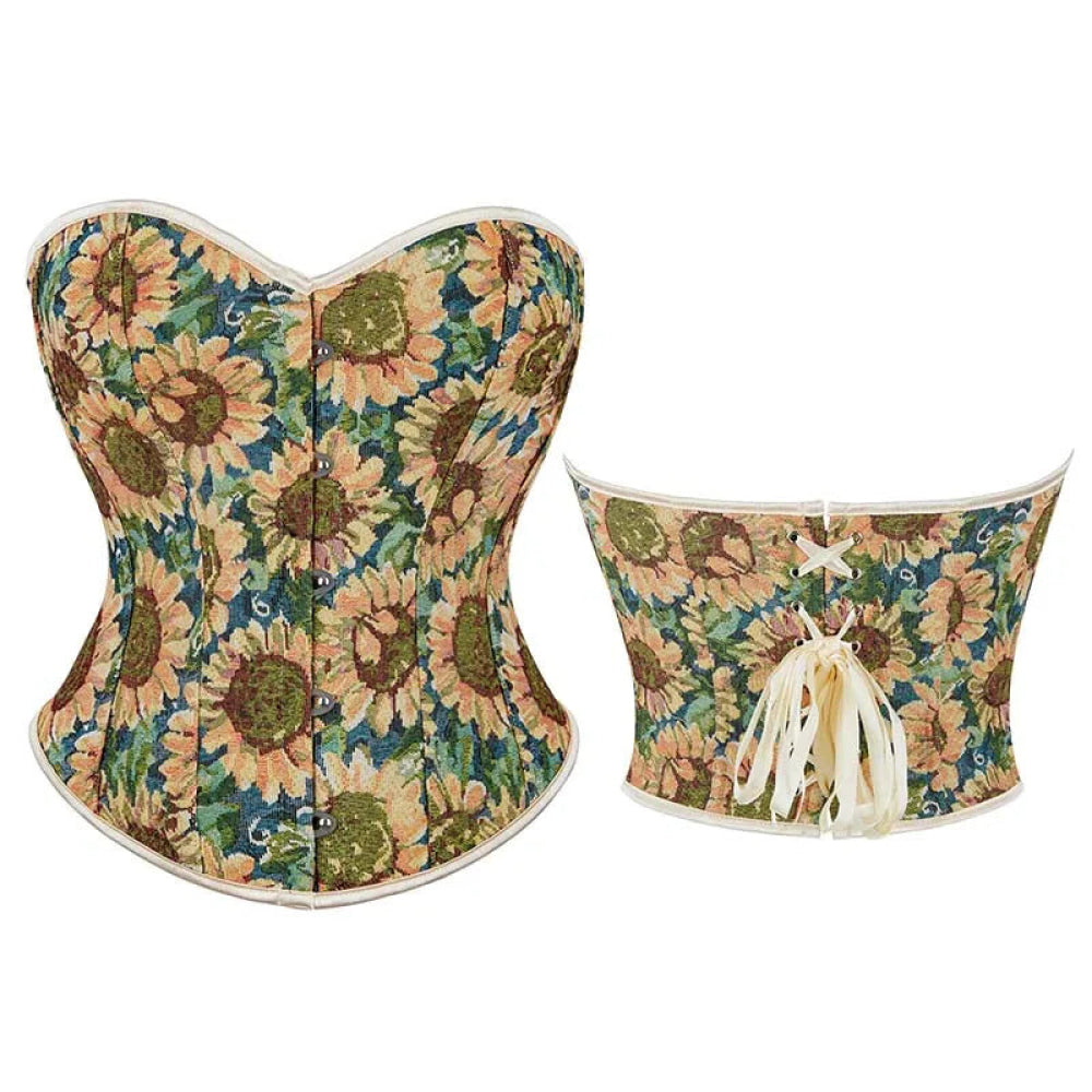 Floral Sunflower Lace Bustier Plus Size Xs-Xxl Front Busk Lace Up Boned Strapless Seamless Corset - Xl