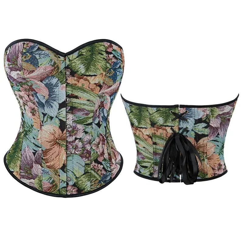 Floral Embroidered Renaissance Corset With Front Busk Closure And Back Lace Women Victorian Bustier - Xxl