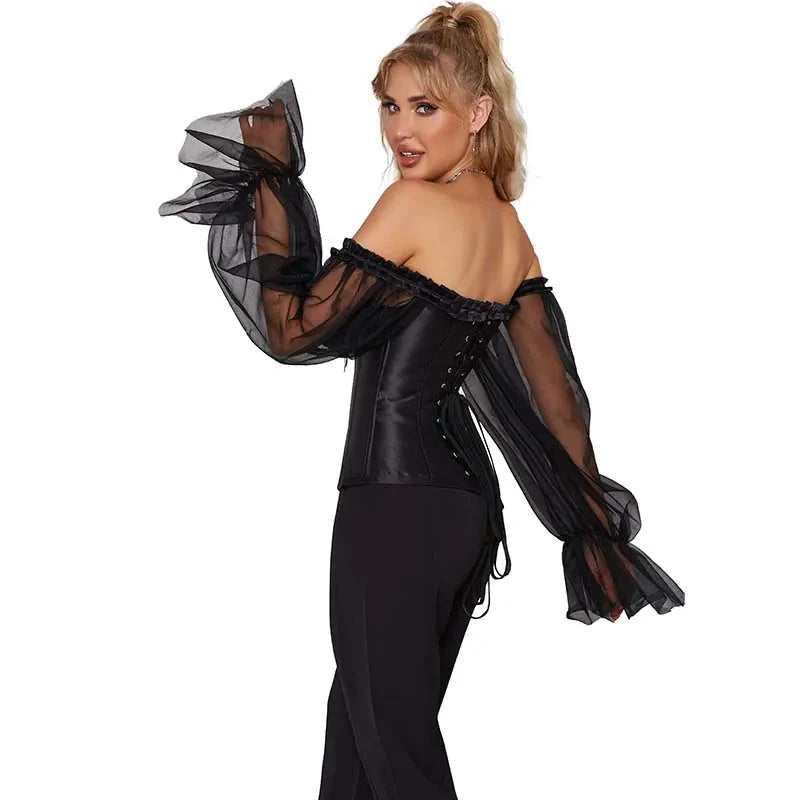 Ruffled Gothic Corselet Top With Puff Sleeves And Lace-Up Boning Transparent Satin Overbust Corset For Women - S 6