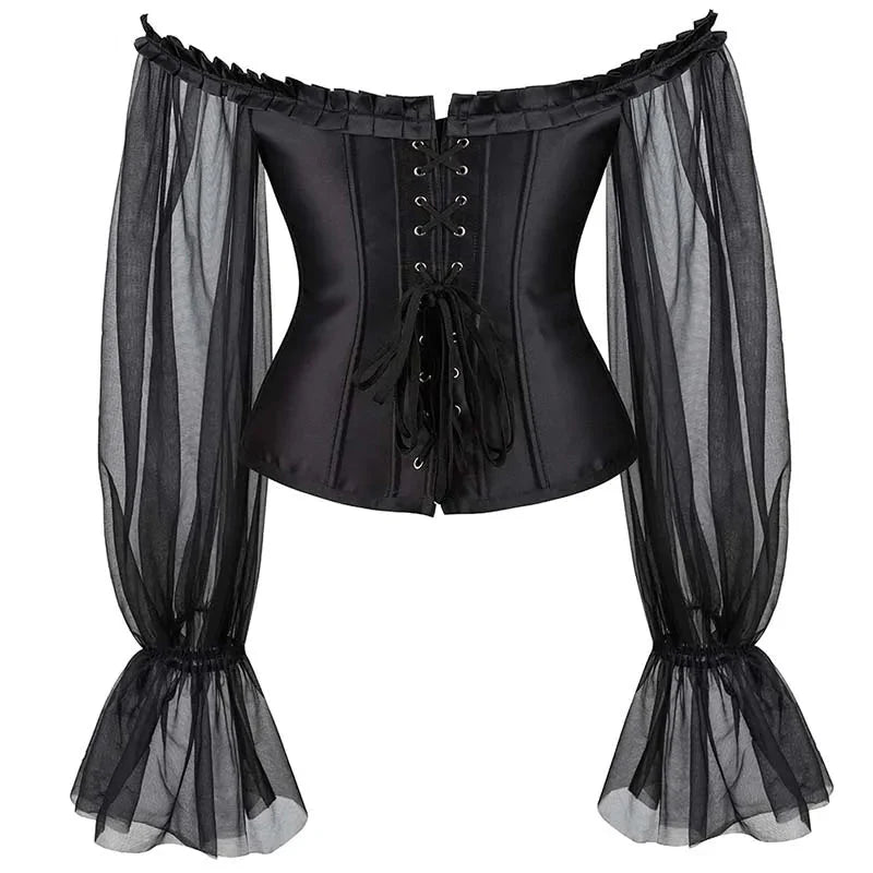 Ruffled Gothic Corselet Top With Puff Sleeves And Lace-Up Boning Transparent Satin Overbust Corset For Women - S 7