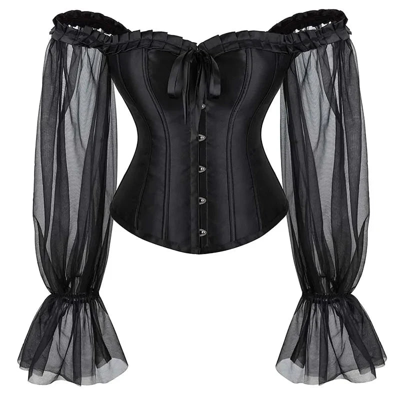 Ruffled Gothic Corselet Top With Puff Sleeves And Lace-Up Boning Transparent Satin Overbust Corset For Women - S 8
