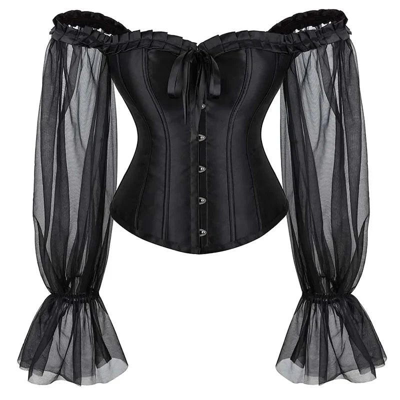 Ruffled Gothic Corselet Top With Puff Sleeves And Lace-Up Boning Transparent Satin Overbust Corset For Women - Xxxl