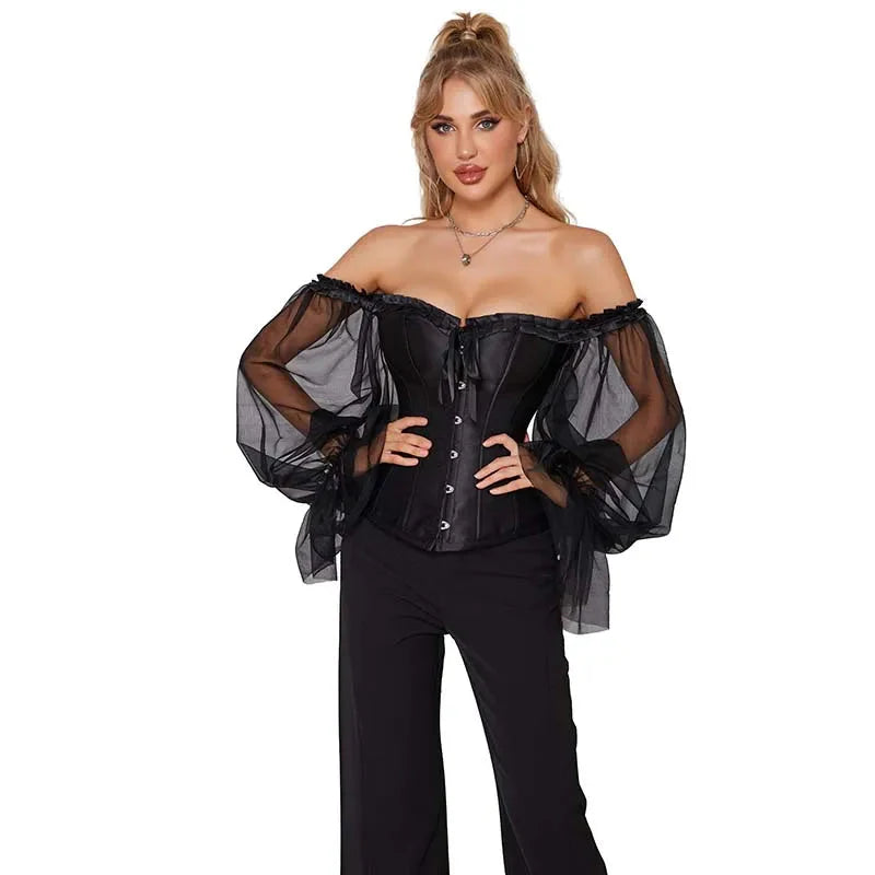 Ruffled Gothic Corselet Top With Puff Sleeves And Lace-Up Boning Transparent Satin Overbust Corset For Women - Xs