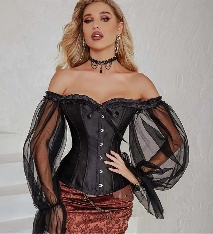 Ruffled Gothic Corselet Top With Puff Sleeves And Lace-Up Boning Transparent Satin Overbust Corset For Women - Xl 4