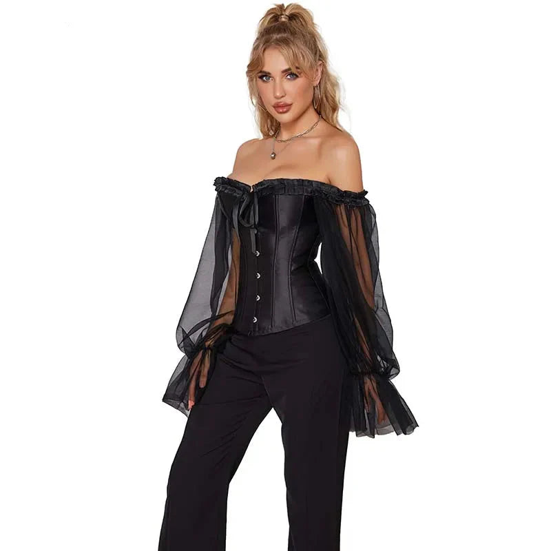 Ruffled Gothic Corselet Top With Puff Sleeves And Lace-Up Boning Transparent Satin Overbust Corset For Women - L 5