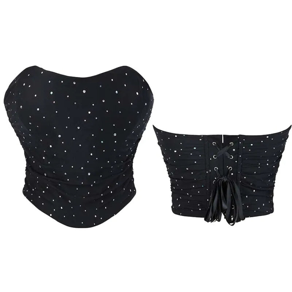 Black Ruched Hem Corset Crop Top For Plus Size Women Back Lace Tight Fit Sequined Detailing S-Xxl - M