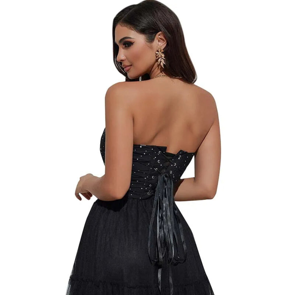 Black Ruched Hem Corset Crop Top For Plus Size Women Back Lace Tight Fit Sequined Detailing S-Xxl - Xxl 4