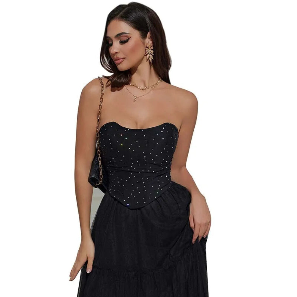 Black Ruched Hem Corset Crop Top For Plus Size Women Back Lace Tight Fit Sequined Detailing S-Xxl - Xxl 5