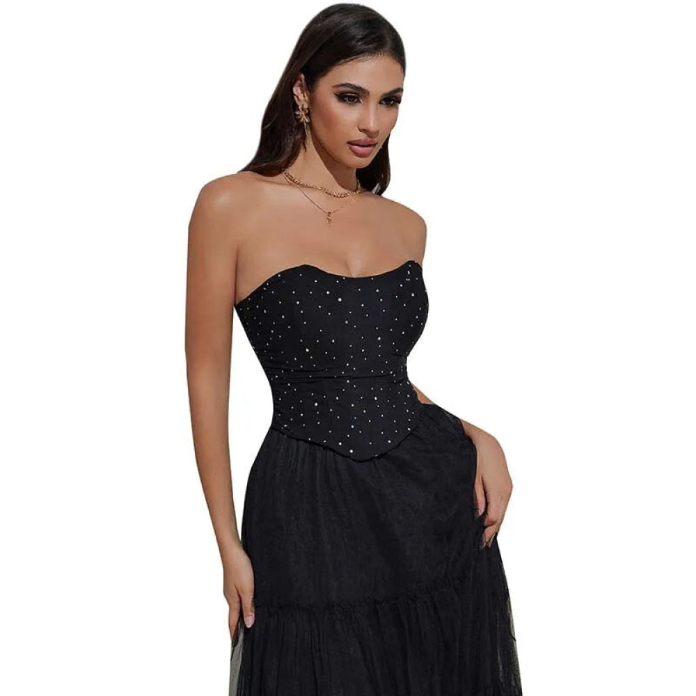 Black Ruched Hem Corset Crop Top For Plus Size Women Back Lace Tight Fit Sequined Detailing S-Xxl - Xxl 6