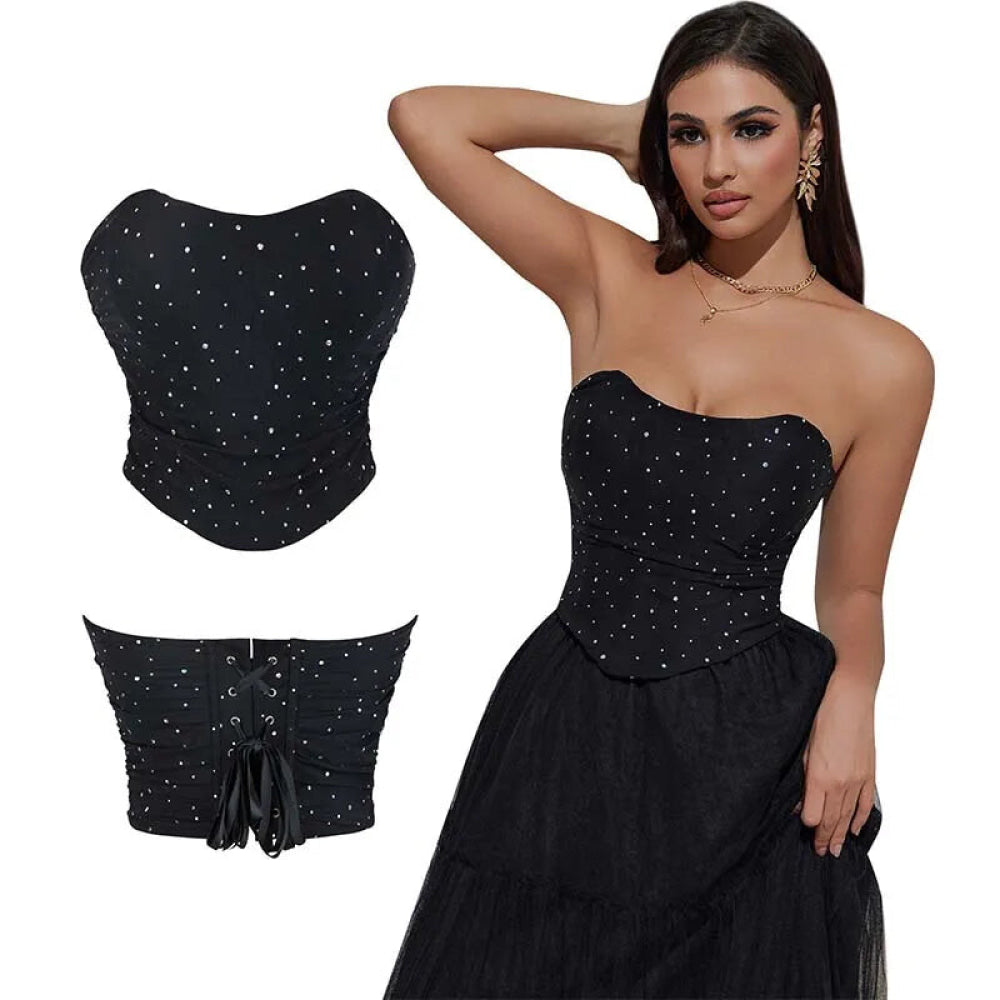 Black Ruched Hem Corset Crop Top For Plus Size Women Back Lace Tight Fit Sequined Detailing S-Xxl - S