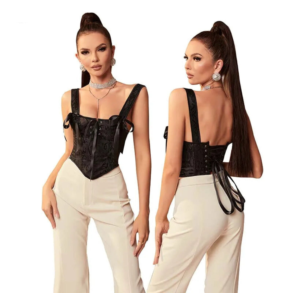 Floral Lace-Up Gothic Crop Top Sleeveless Boned Corset With Strap - 5Xl