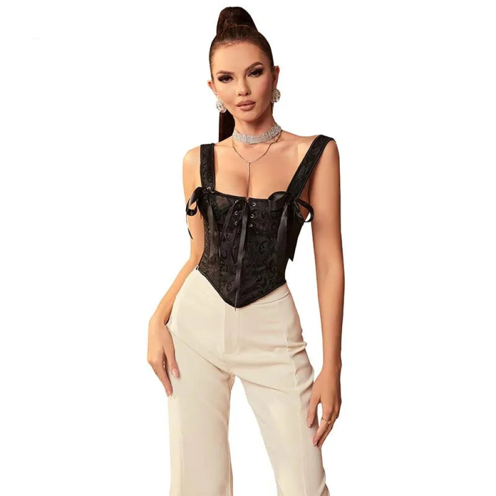 Floral Lace-Up Gothic Crop Top Sleeveless Boned Corset With Strap - 5Xl 5