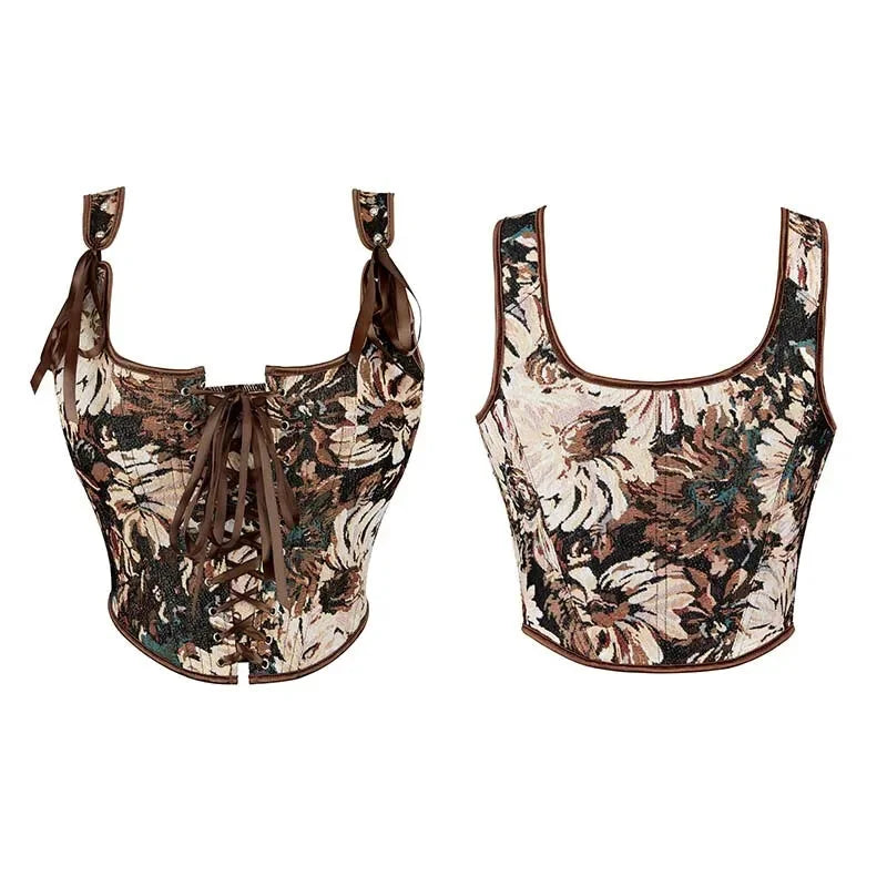 Brown Steampunk Corset Bustier Shoulder Strap Sleeveless Tank Top With Lace-Up Boning - L