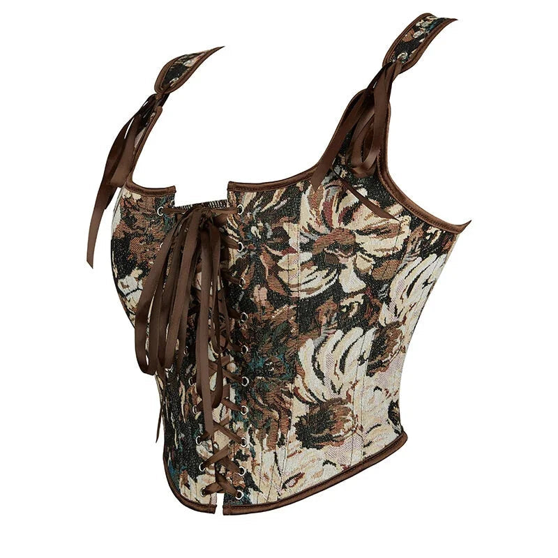 Brown Steampunk Corset Bustier Shoulder Strap Sleeveless Tank Top With Lace-Up Boning - Xl 3