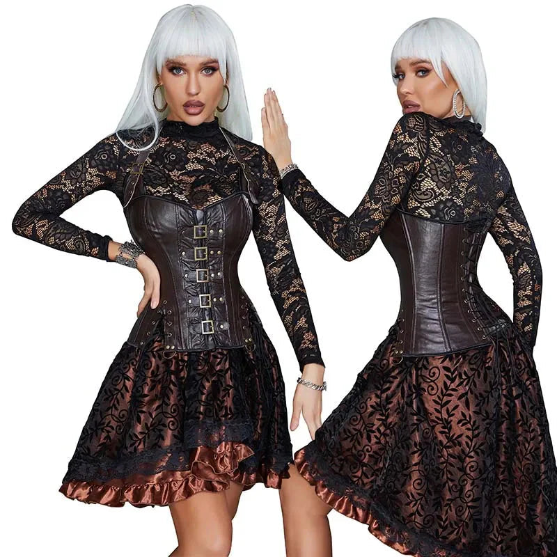 Steampunk Corselet With Zip & Buckle Women Gothic Fishbone Corset - Brown - S 4