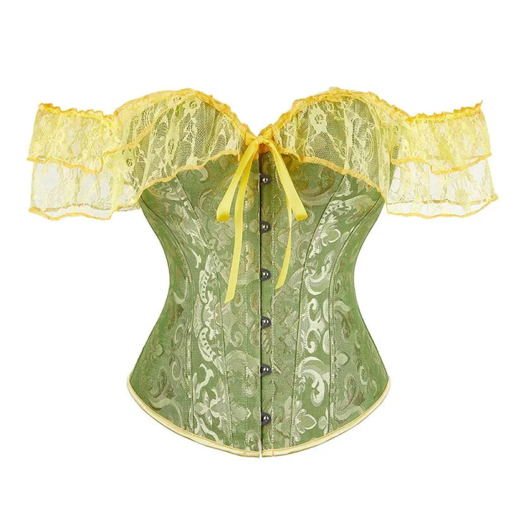 Brown Steampunk Corset With Front Busk Closure Floral Lace And Puff Sleeves - Green - S 6