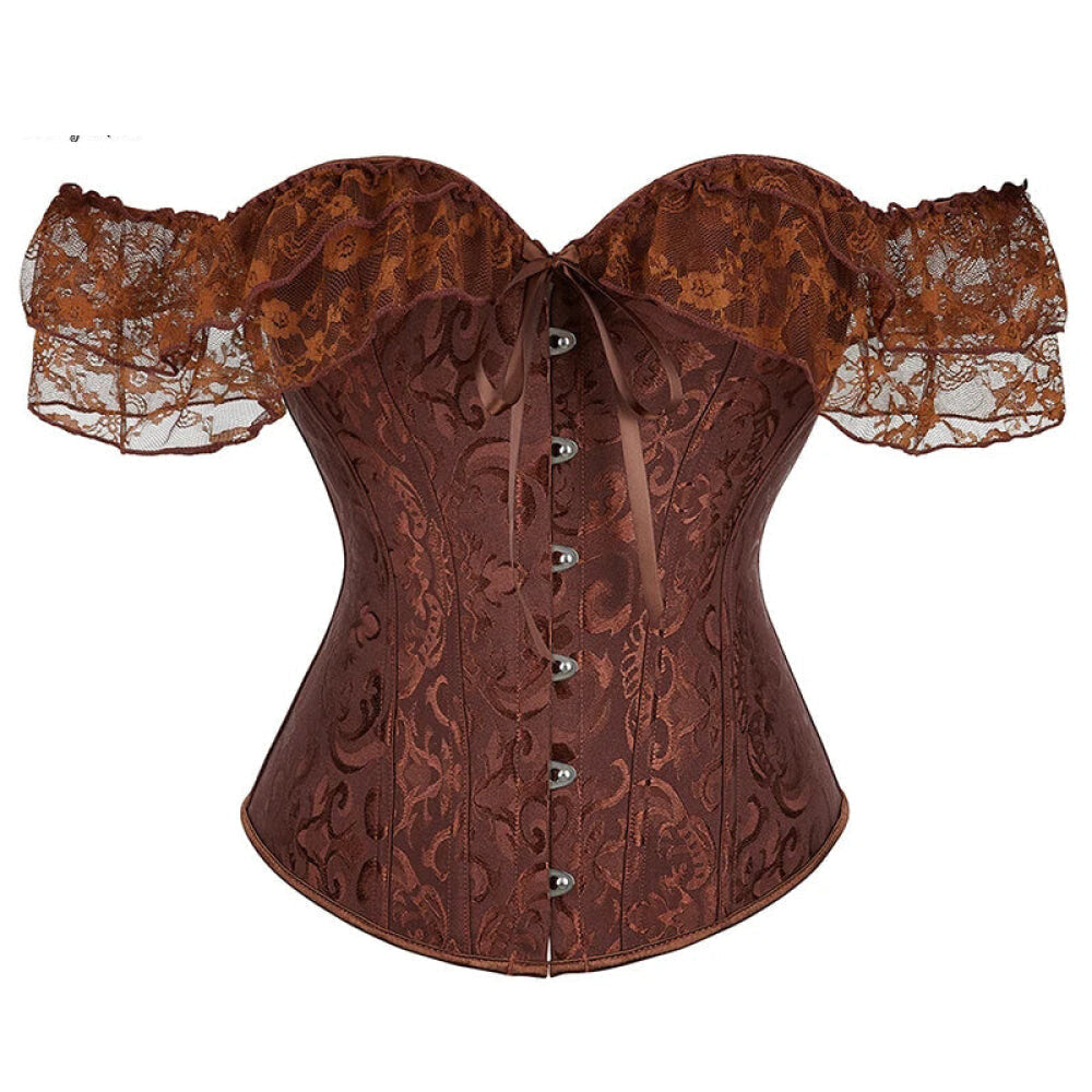 Brown Steampunk Corset With Front Busk Closure Floral Lace And Puff Sleeves - Brown - Xxxl