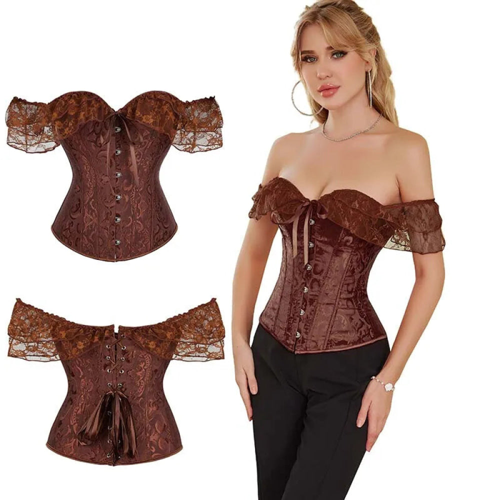 Brown Steampunk Corset With Front Busk Closure Floral Lace And Puff Sleeves - Brown - Xxxl