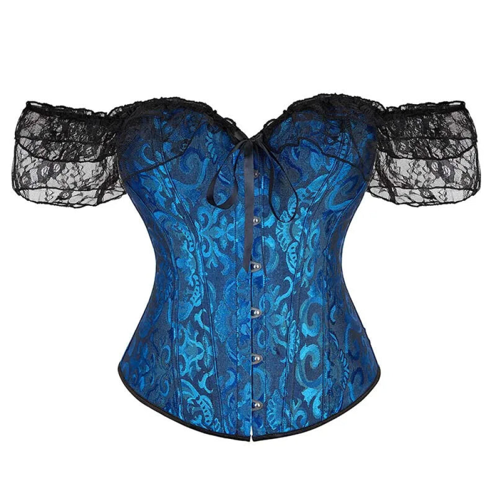Brown Steampunk Corset With Front Busk Closure Floral Lace And Puff Sleeves - Brown - Xxxl 8