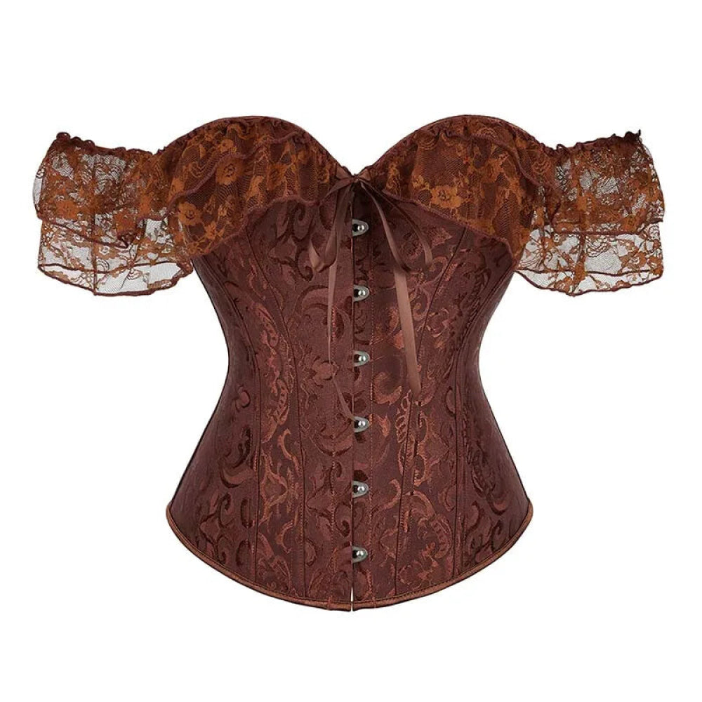 Brown Steampunk Corset With Front Busk Closure Floral Lace And Puff Sleeves - Dark Blue - Xxl 4
