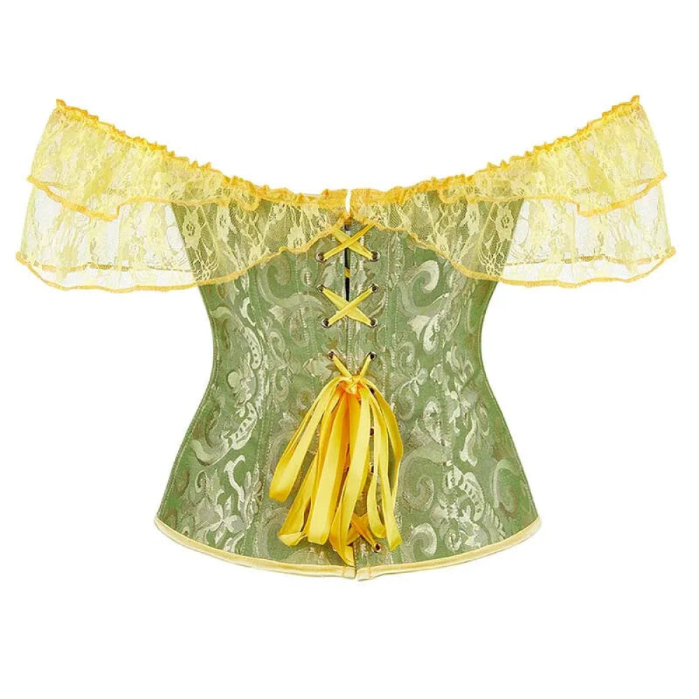 Brown Steampunk Corset With Front Busk Closure Floral Lace And Puff Sleeves - Dark Blue - Xxxl 7